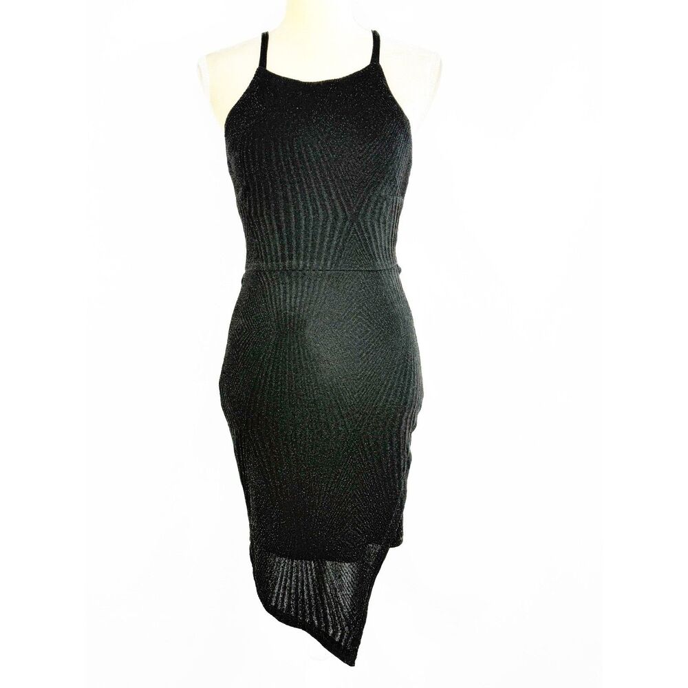 Speechless Black Bodycon Dress Small NWT Cutout Back Glitter Knit Sheer Hem - Picture 2 of 16